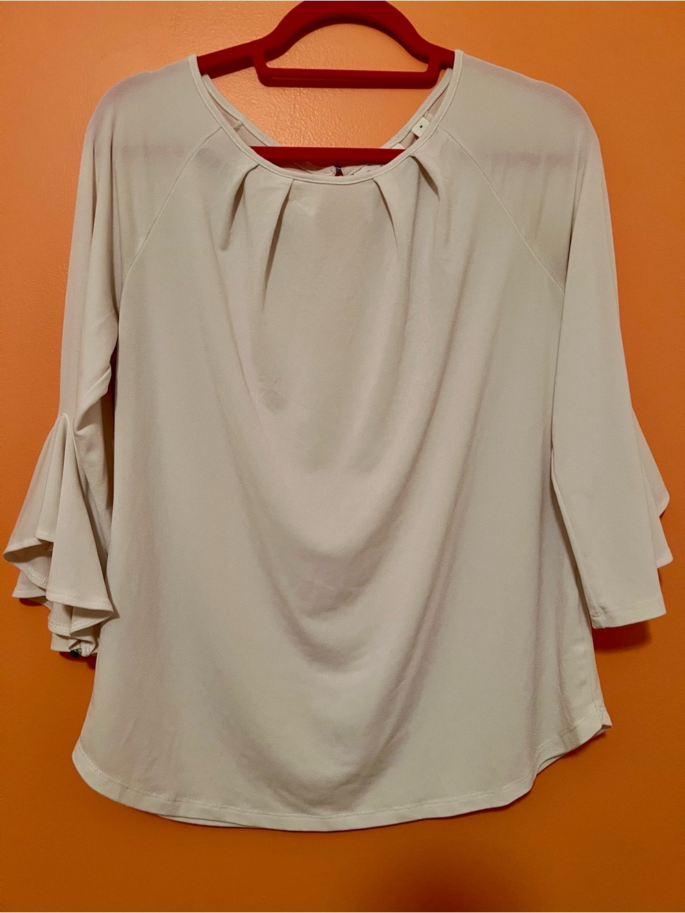 New York & Company Cream Ruffle Sleeve Scoop Neck Blouse